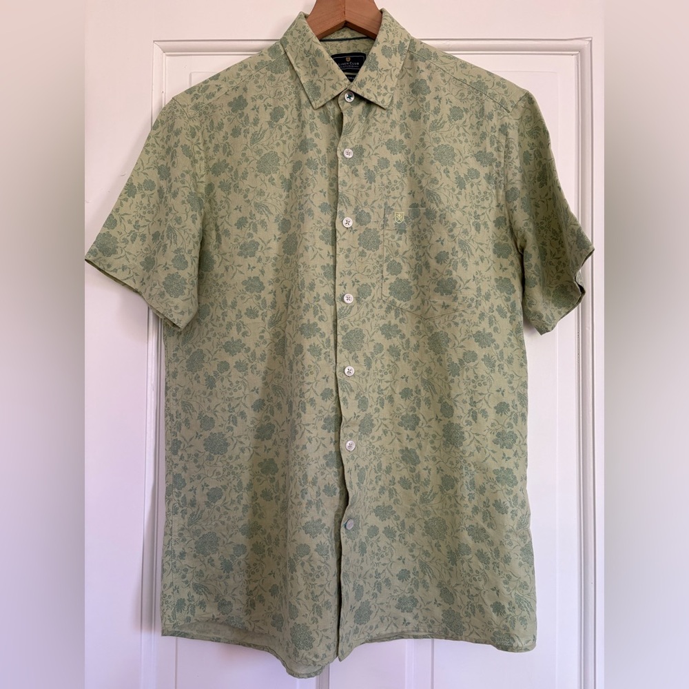 Linen Club Studio Linen Blend Green Floral Button Up Shirt Resort 39cm Small